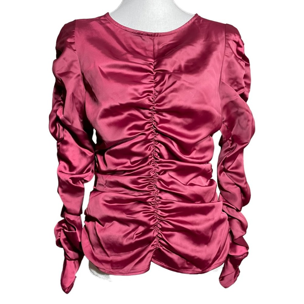 Satin Scrunched Top NEW Marc New York Ruched Stretch Magenta Pink Long Sleeve